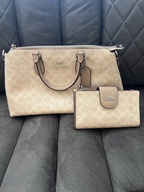 Coach Beige Signature Satchel with Matching Wallet